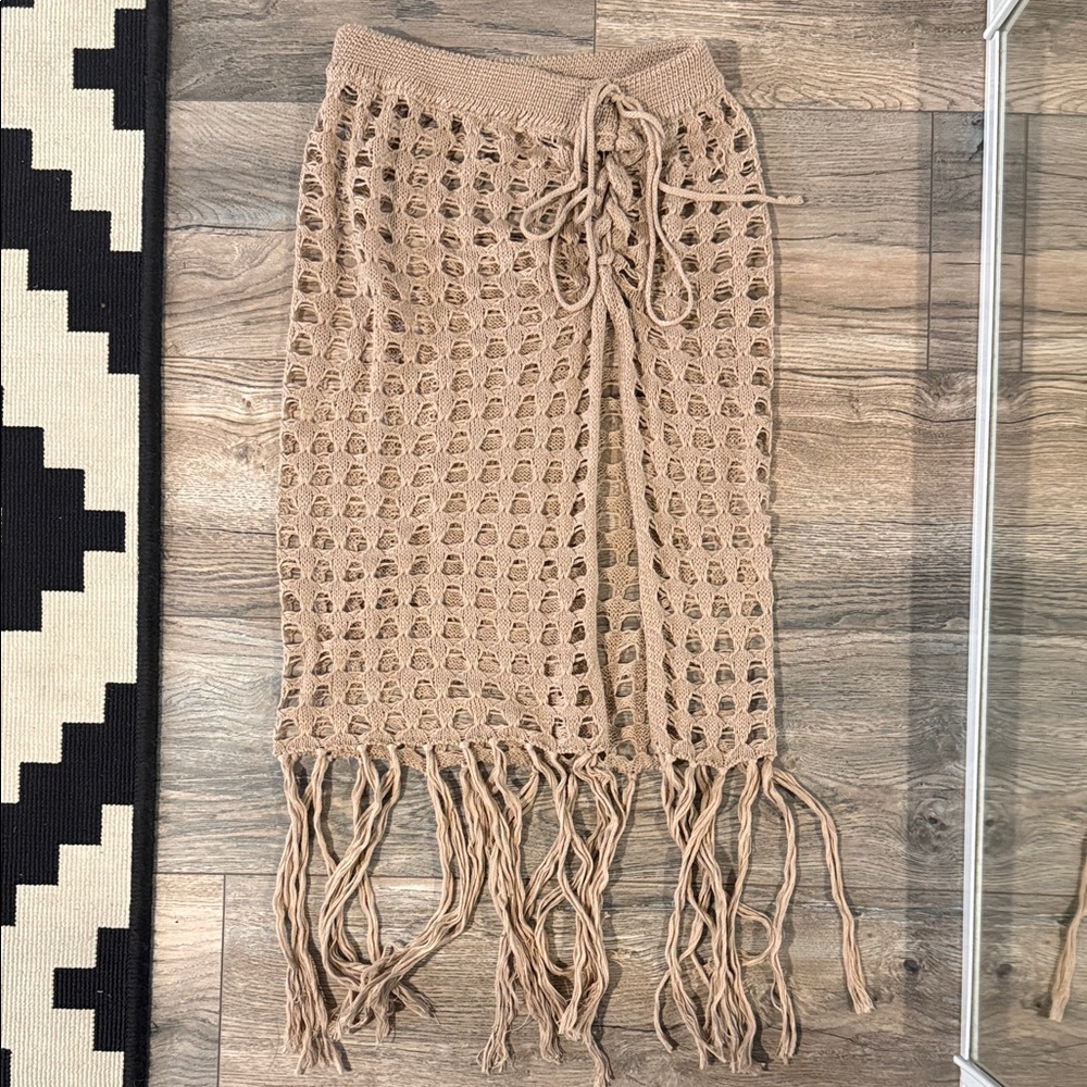 SHEIN Beige Crochet Midi Skirt with Fringe